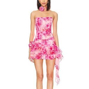 NWT SUPERDOWN Mila Corset Set Pink print mesh mini dress top skirt Revolve XS